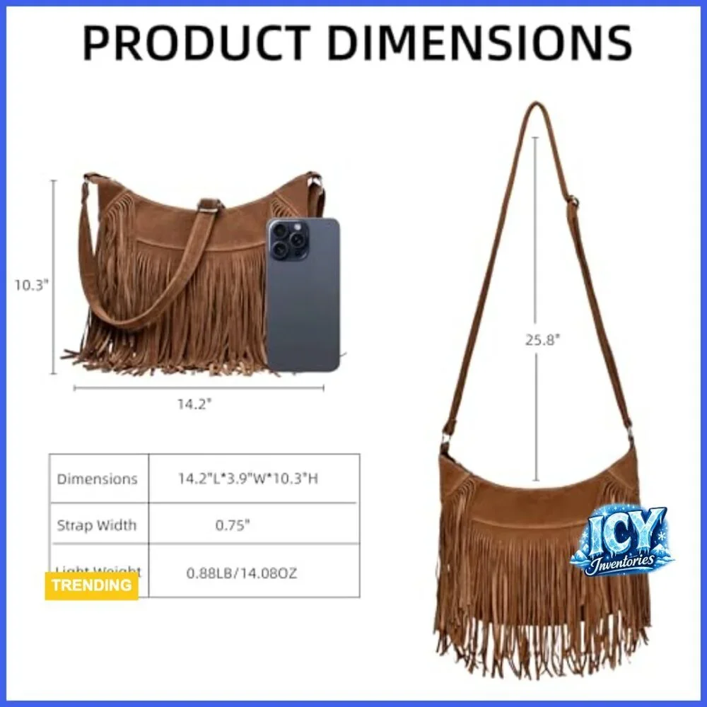 Vegan Suede Hobo Bag with Fringe Tassel Crossbody Shoulder Purse